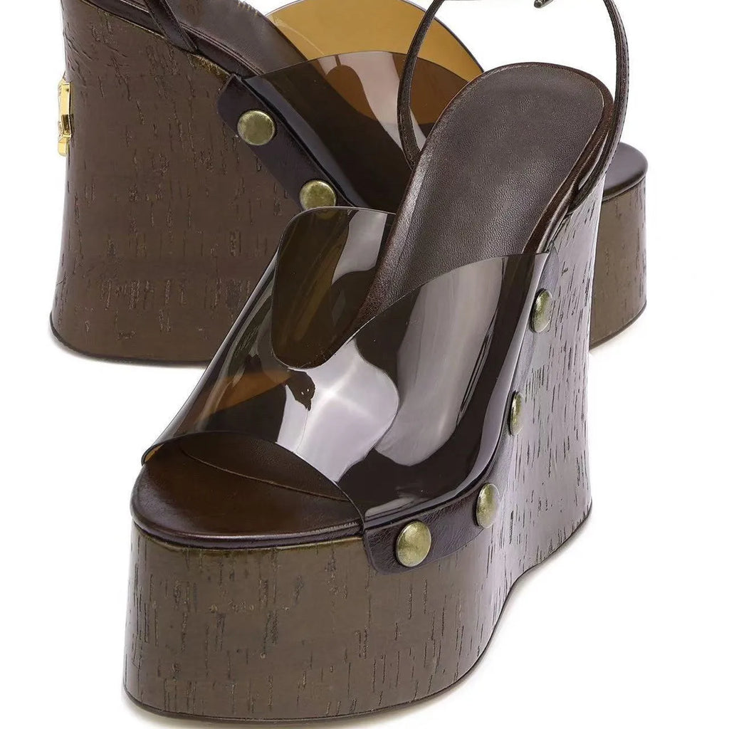 Ladies' Summer Wedge Heel Thick Soled Sandals with Wood Grain Rivets, Waterproof Platform, Thick High Heels, and Sandals