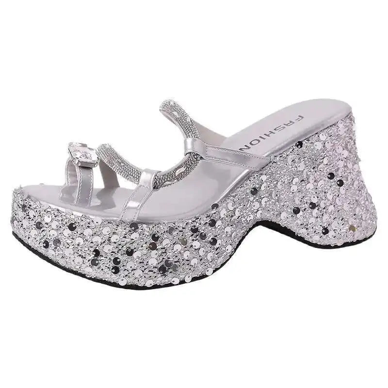 Women's Wedge Sandals Thick-soled Flip-flops Shiny Sequined Ladeis High Heels Rhinestone Home Outdoors Slippers