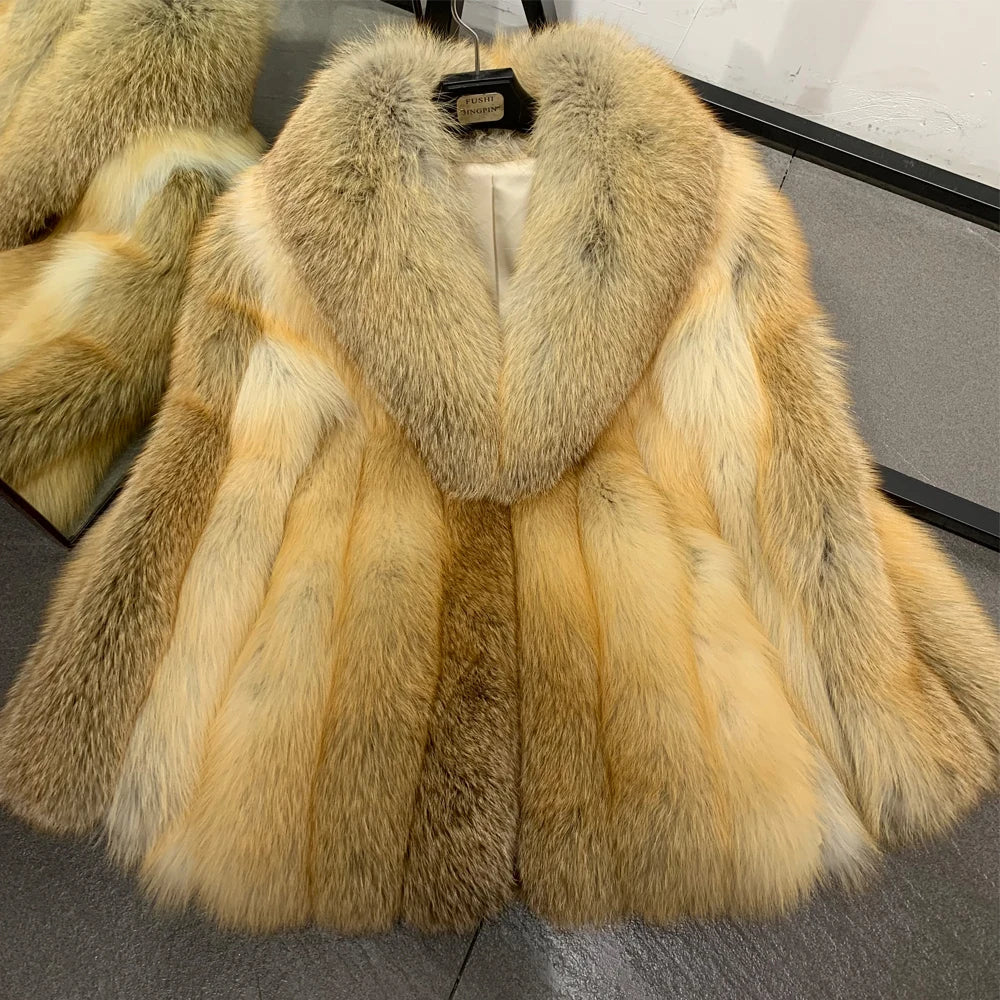 Red Fox Fur Coat Long Sleeve with Collar Ladies Real Fur Jacket Natural Fox Cloth