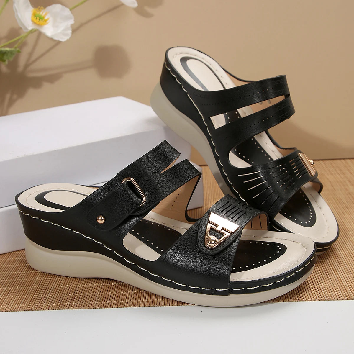 Women's Wedge Sandals Perforated Design with Metal Buckle Accent Comfort Cushioned Insole Non-Slip Sole Summer Casual Daily Wear