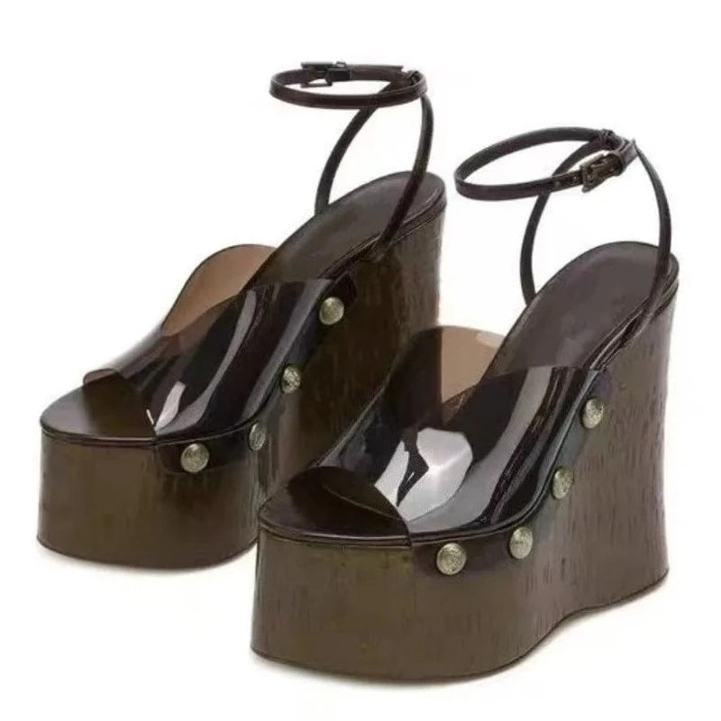 Highquality Wooden Patterned Wedge Heelwith Thicksole Andexposed Toebuckle Strap Sandals Forwomen's Banquets InEurope AndAmerica