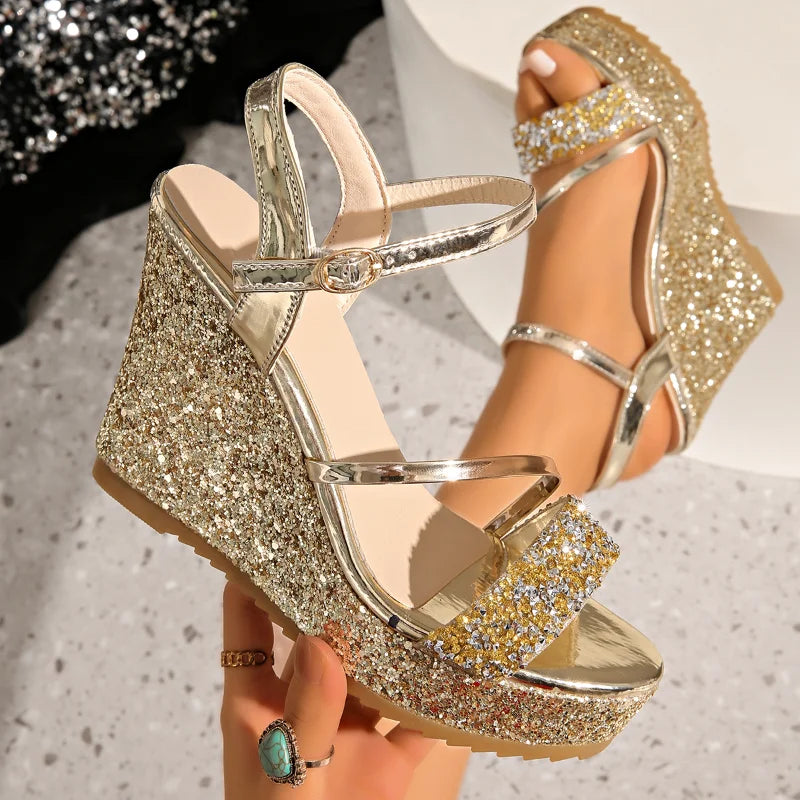 Summer New Women's Sandals Wedge Heel Sequin Decorated High Heel Sandals Height Increasing Elegant Evening Wear Platforms Shoes