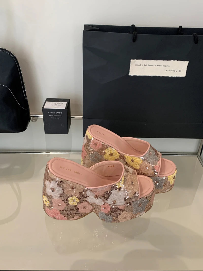 13cm Black Wedge Sandals Women Pink Flower Print Platform High Heels Slippers Summer Ladies Shoes Silver 13CM Heeled Sandals