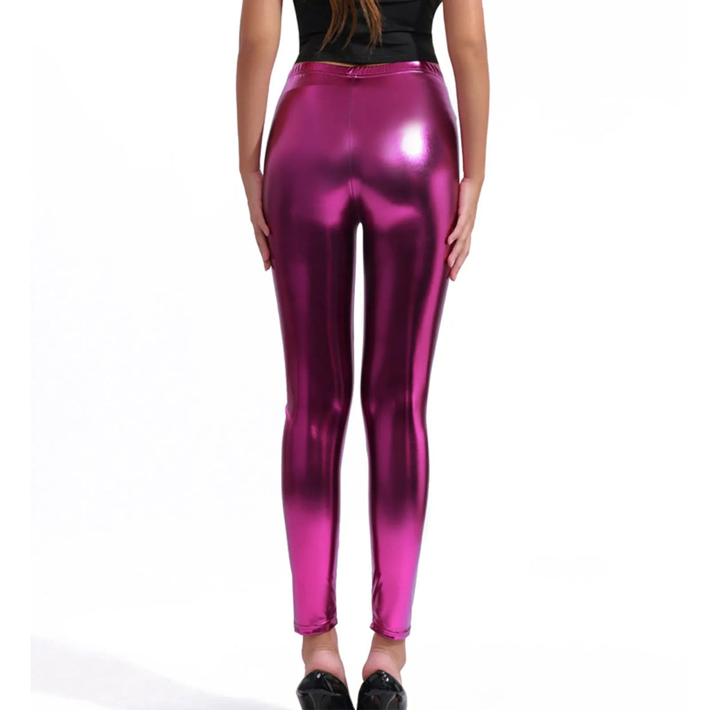 Women's Stretchy Faux Leather Leggings Sexy Metallic Color Wetlook High Waisted Tights Leggongs Slim Fit Clubwear Summer Pants