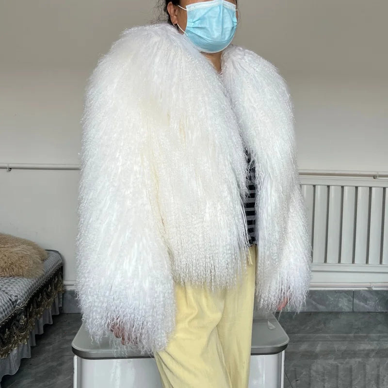 Beiziru Women's Dark Brown Mongolia Sheep Fur Jacket with Turndown Collar Stylish Warm Outerwear