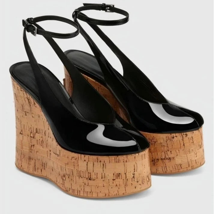 Highquality Wooden Patterned Wedge Heelwith Thicksole Andexposed Toebuckle Strap Sandals Forwomen's Banquets InEurope AndAmerica