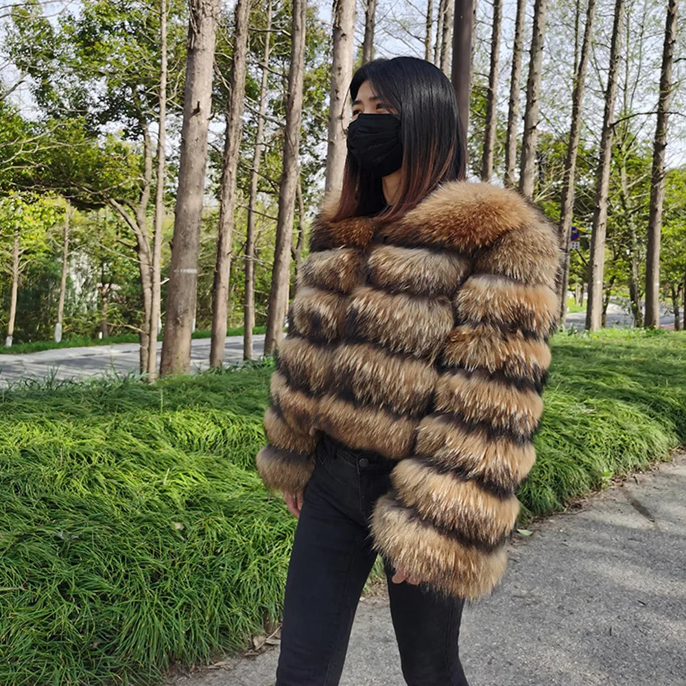 Winter Real Fur Women Raccoon Natural Fur Coat Silver Fox Long Vest Warm Luxury Jacket Parkas With Leather Fur Clothe For Female