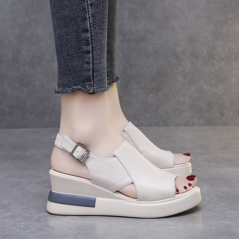 Summer Wedge Shoes for Women Sandals Solid Color Open Toe High Heels Casual Ladies Buckle Strap Fashion Female Sandalias Mujer