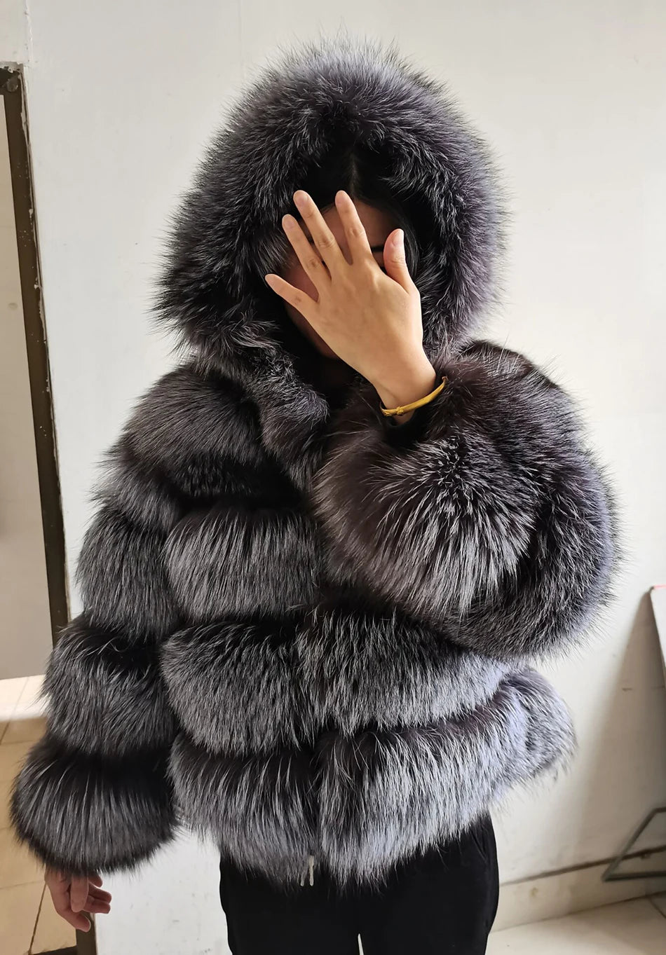 Winter Real Fur Women Raccoon Natural Fur Coat Silver Fox Long Vest Warm Luxury Jacket Parkas With Leather Fur Clothe For Female