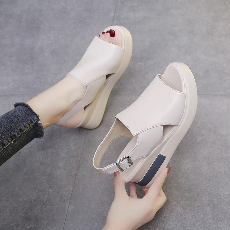 Summer Wedge Shoes for Women Sandals Solid Color Open Toe High Heels Casual Ladies Buckle Strap Fashion Female Sandalias Mujer