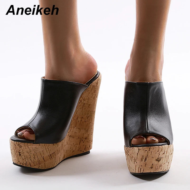Aneikeh Black Platform Wedge Sandals Slippers 2025 Summer Fashion Peep Toe Super High Heigh Sexy Sandal Mules zapatillas mujer