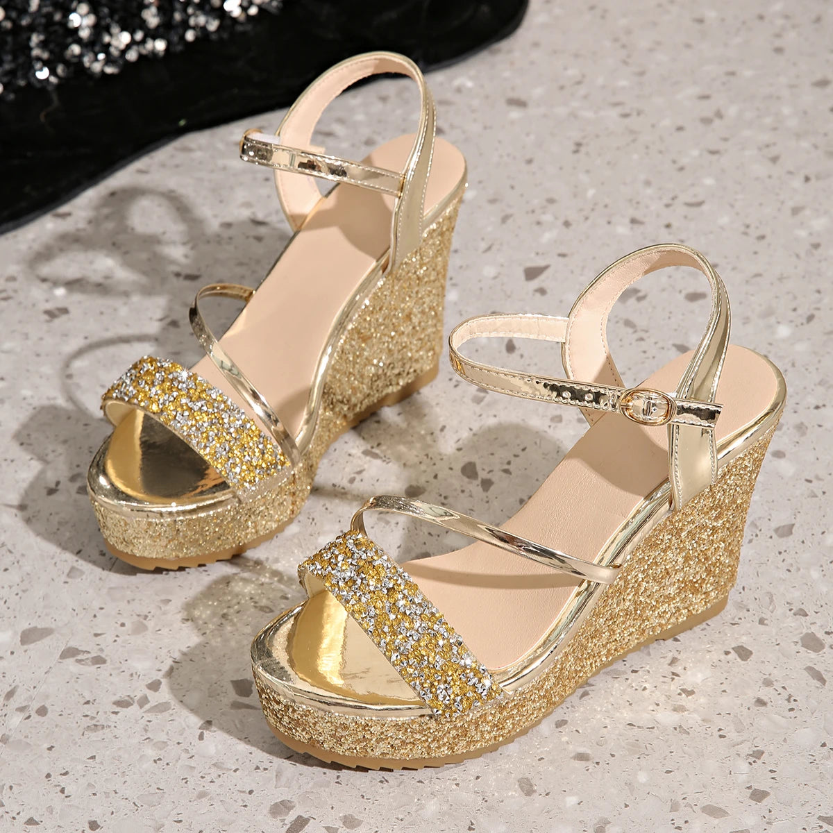 Summer New Women's Sandals Wedge Heel Sequin Decorated High Heel Sandals Height Increasing Elegant Evening Wear Platforms Shoes