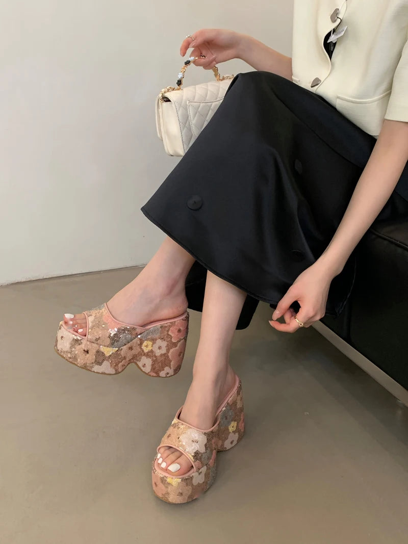 13cm Black Wedge Sandals Women Pink Flower Print Platform High Heels Slippers Summer Ladies Shoes Silver 13CM Heeled Sandals
