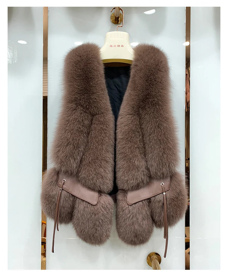 MPPM  New Women Fox Fur Vest Fashion Winter Genuine Fox Waistcoats Gilets V-neck Autumn Lady's Jackets Coats Top Quality Luxury