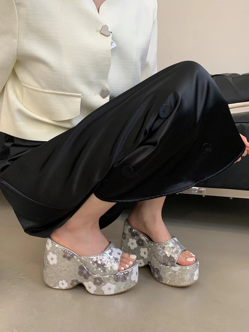 13cm Black Wedge Sandals Women Pink Flower Print Platform High Heels Slippers Summer Ladies Shoes Silver 13CM Heeled Sandals
