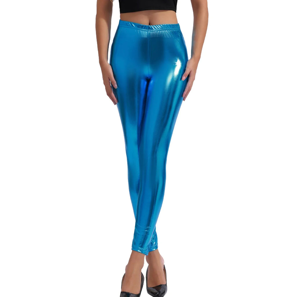 Women's Stretchy Faux Leather Leggings Sexy Metallic Color Wetlook High Waisted Tights Leggongs Slim Fit Clubwear Summer Pants