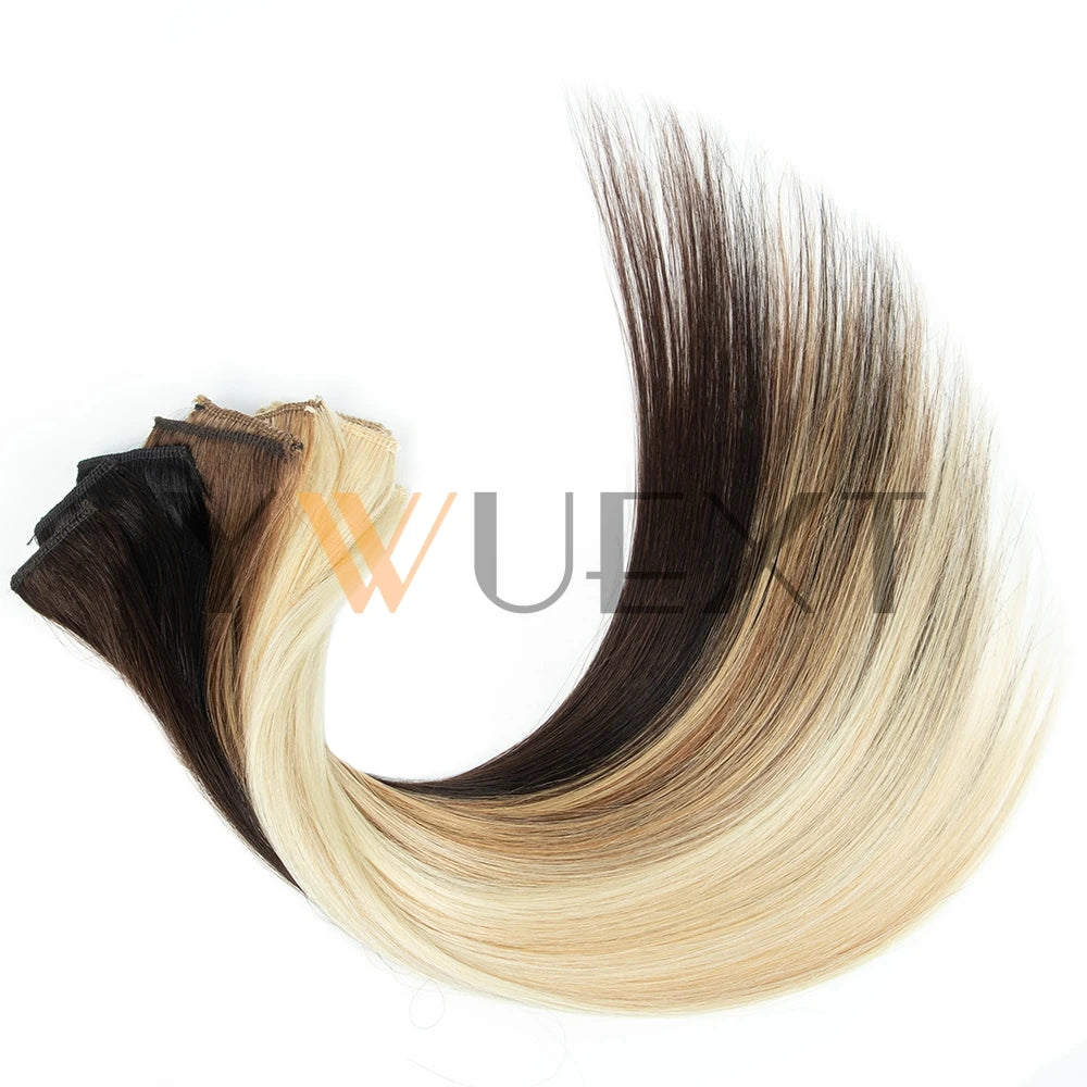 YWUEXT 6PCS Mini Clip in Human Hair Pad 1clip on Machine Weft Hair Extensions 12"-16" Natural Straight Clip Hair Piece 30g/pack