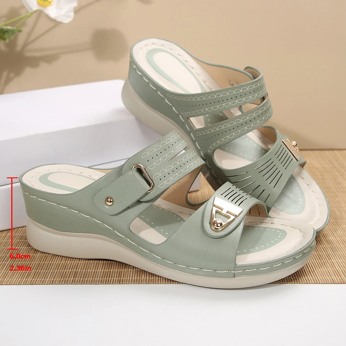 Women's Wedge Sandals Perforated Design with Metal Buckle Accent Comfort Cushioned Insole Non-Slip Sole Summer Casual Daily Wear