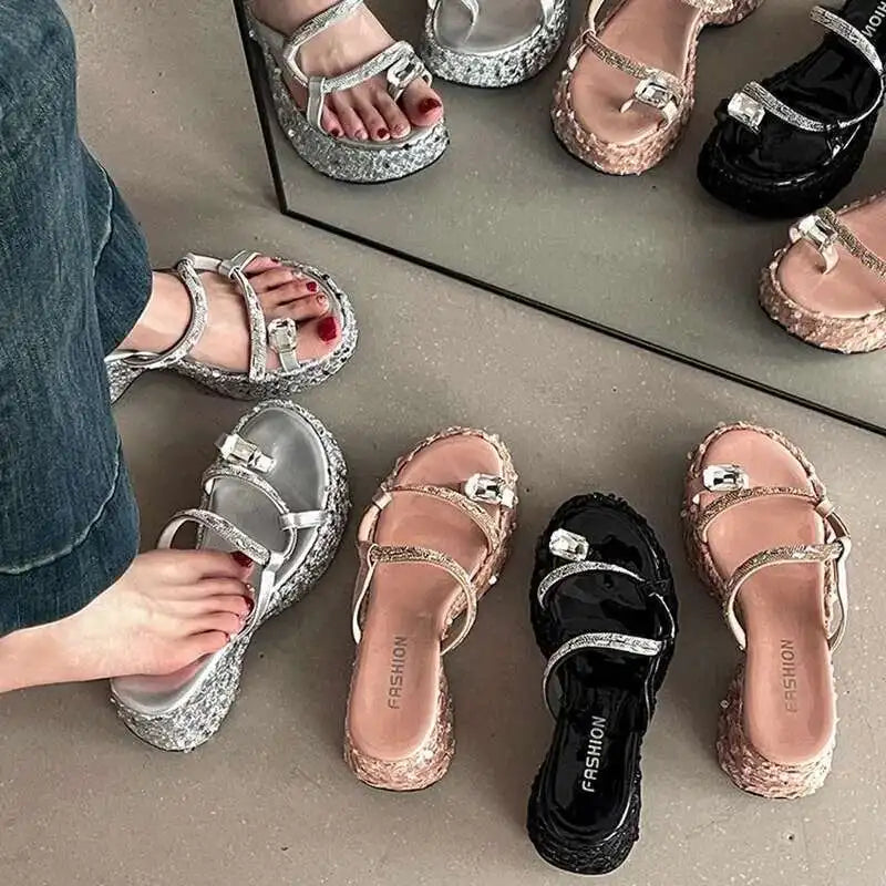 Women's Wedge Sandals Thick-soled Flip-flops Shiny Sequined Ladeis High Heels Rhinestone Home Outdoors Slippers
