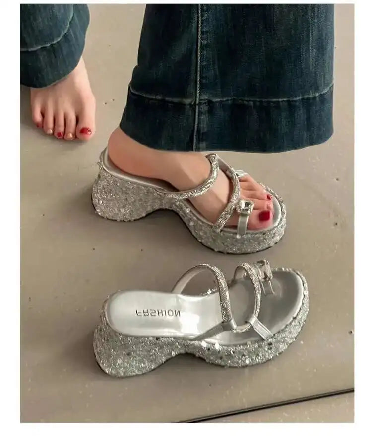 Women's Wedge Sandals Thick-soled Flip-flops Shiny Sequined Ladeis High Heels Rhinestone Home Outdoors Slippers