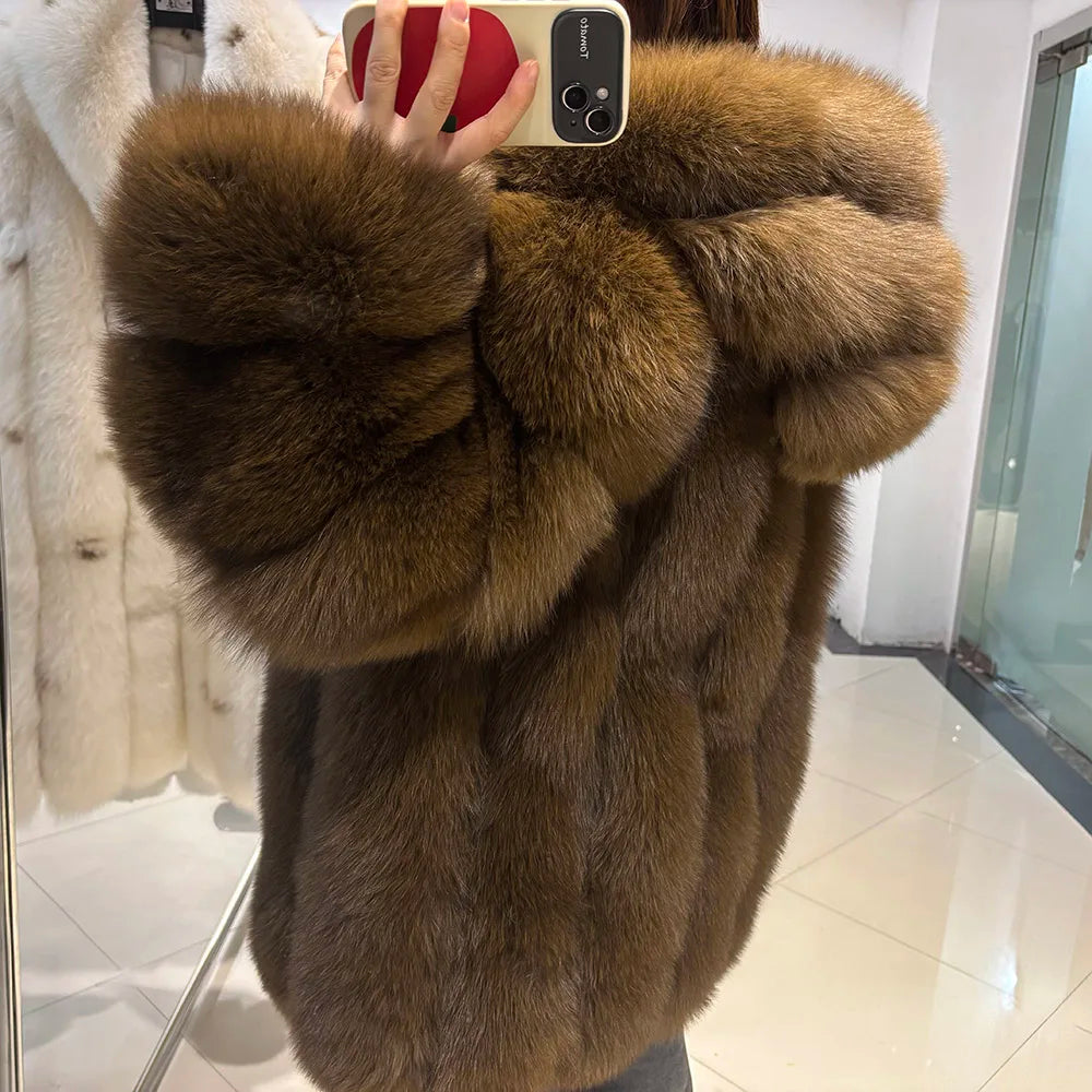 YOLOAgain Hooded Real Fox Fur Jacket Women 2025 Winter Warm Natural Fox Fur Coat Female