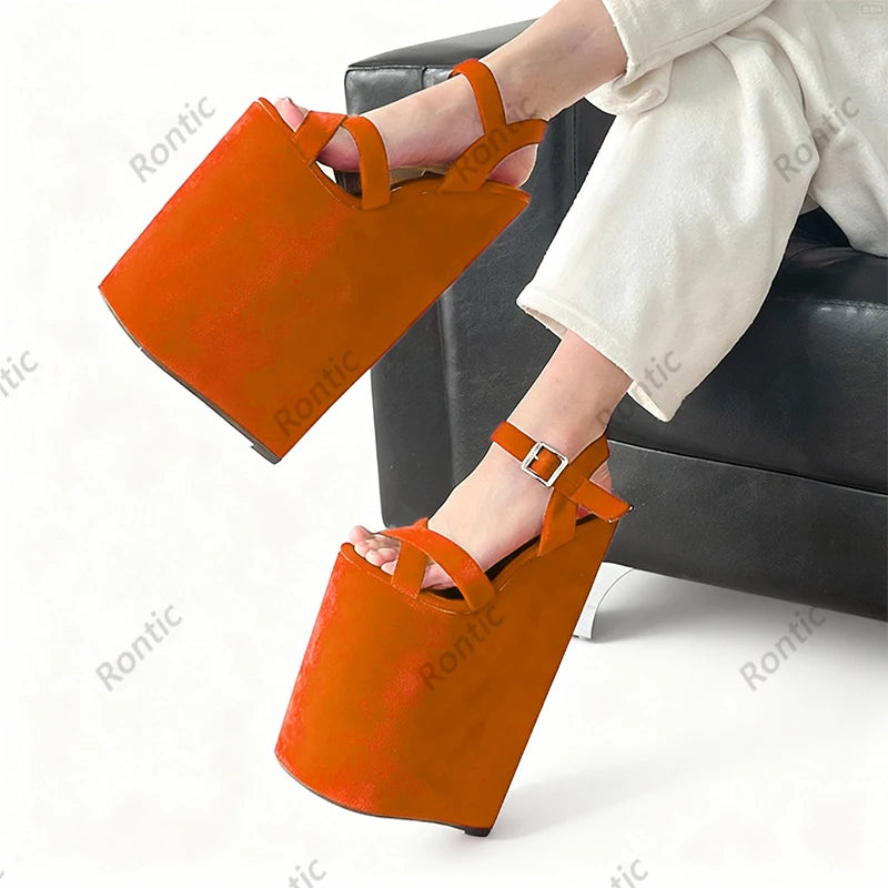 Rontic Artisan Crafted Red Leather Wedge Sandals - Women's High Heel Platform Ankle Strap Peep Toe Shoes US Plus Size 5-15