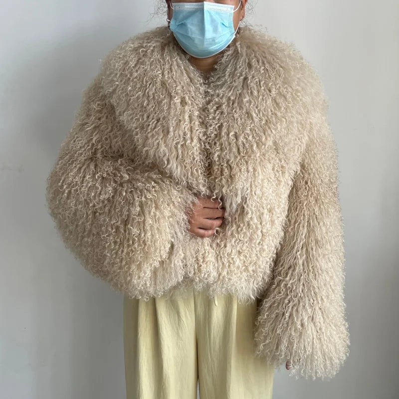 Beiziru Women's Dark Brown Mongolia Sheep Fur Jacket with Turndown Collar Stylish Warm Outerwear