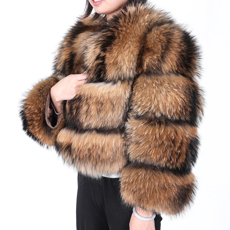Winter Real Fur Women Raccoon Natural Fur Coat Silver Fox Long Vest Warm Luxury Jacket Parkas With Leather Fur Clothe For Female