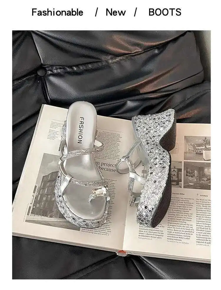 Women's Wedge Sandals Thick-soled Flip-flops Shiny Sequined Ladeis High Heels Rhinestone Home Outdoors Slippers