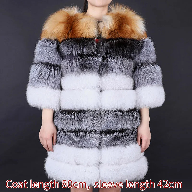 Winter Real Fur Women Raccoon Natural Fur Coat Silver Fox Long Vest Warm Luxury Jacket Parkas With Leather Fur Clothe For Female