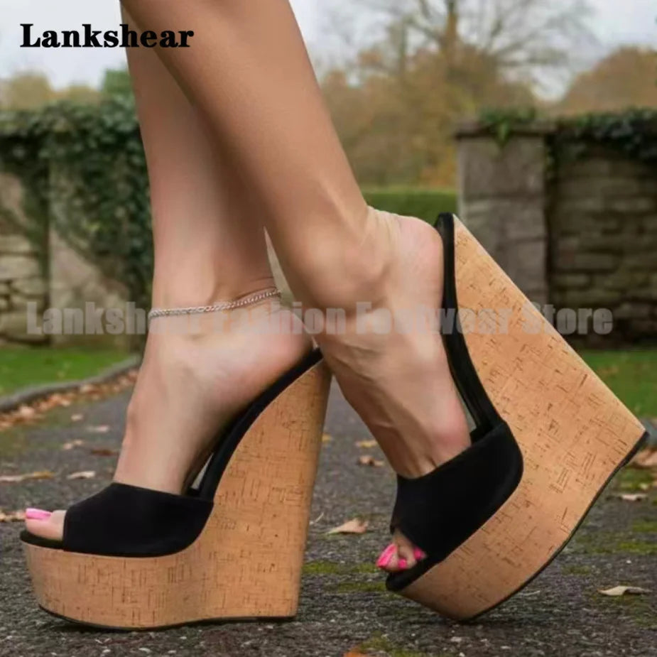 Women's Black Suede Cork Wedge Platform Mules Open Toe Extreme High Heel Sandals Women Shoes Summer Sandalias De Mujer Verano