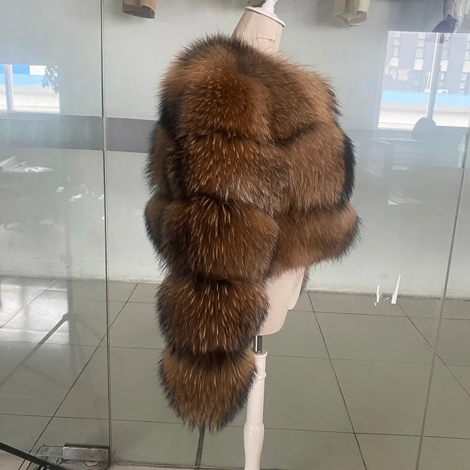 Winter Real Fur Women Raccoon Natural Fur Coat Silver Fox Long Vest Warm Luxury Jacket Parkas With Leather Fur Clothe For Female