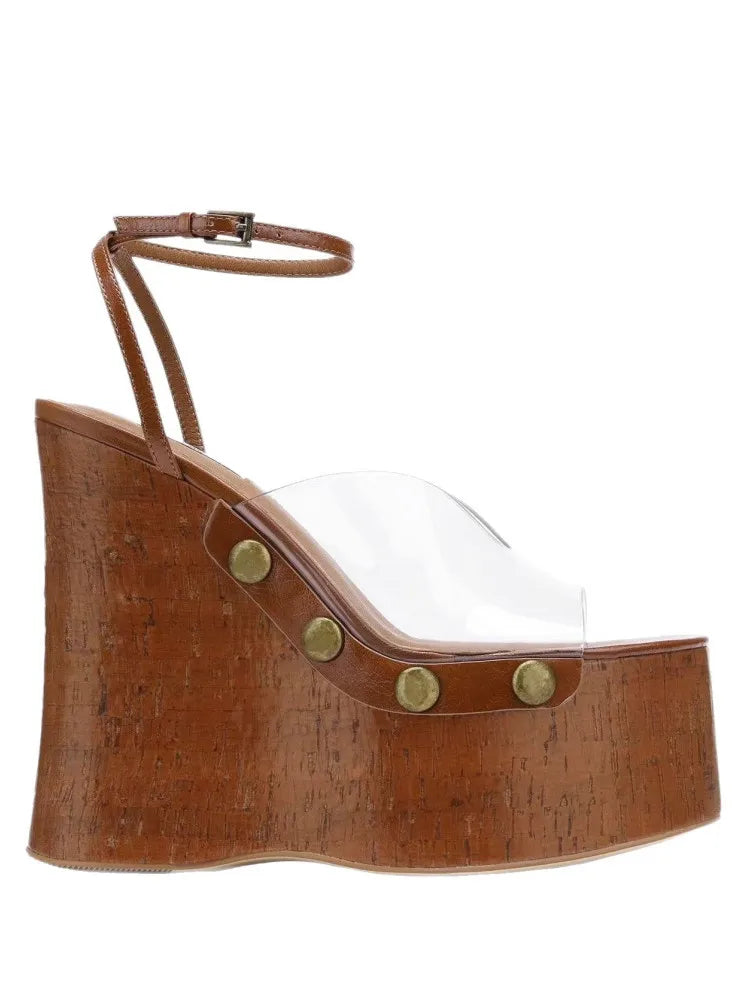 Ladies' Summer Wedge Heel Thick Soled Sandals with Wood Grain Rivets, Waterproof Platform, Thick High Heels, and Sandals