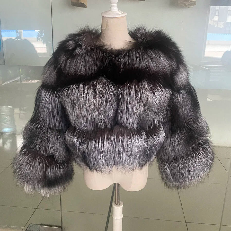 Winter Real Fur Women Raccoon Natural Fur Coat Silver Fox Long Vest Warm Luxury Jacket Parkas With Leather Fur Clothe For Female