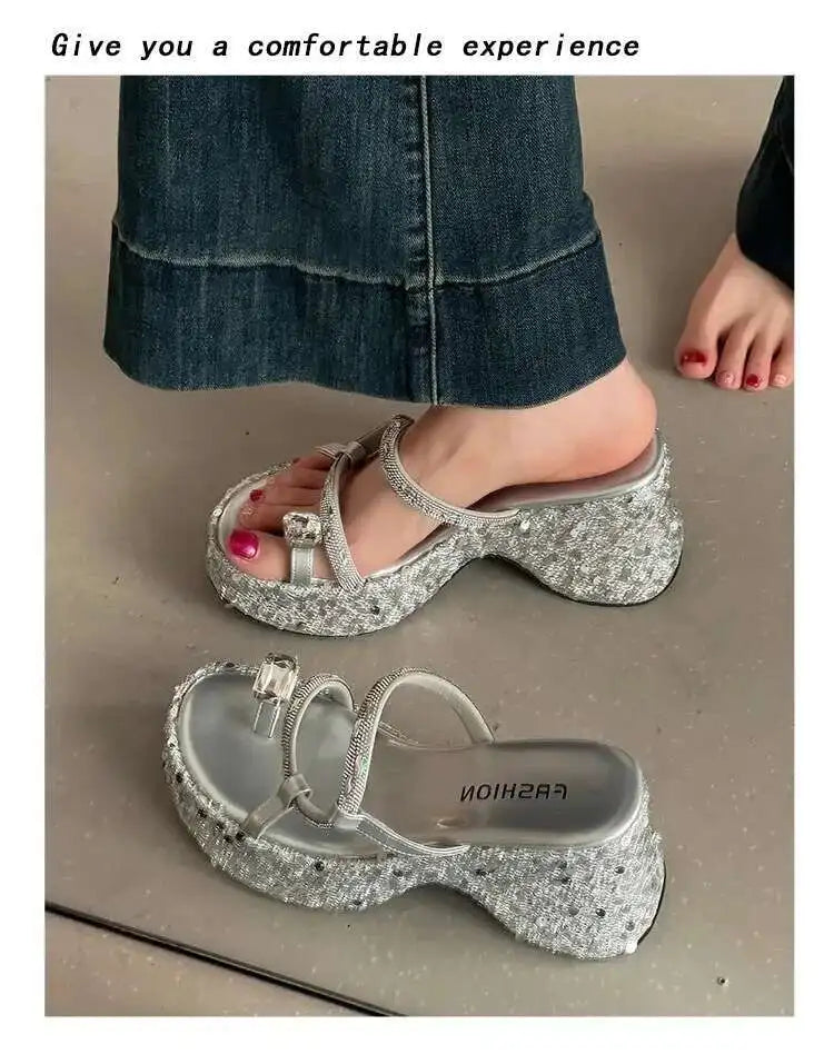 Women's Wedge Sandals Thick-soled Flip-flops Shiny Sequined Ladeis High Heels Rhinestone Home Outdoors Slippers
