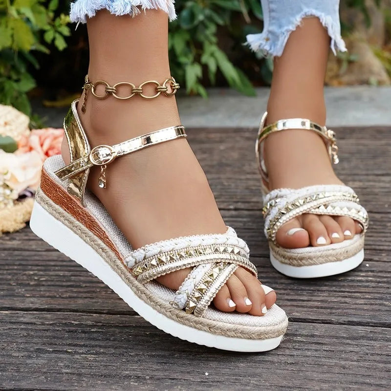 Women's Sandals Fashion Wedge Platform Sandals Luxury Golden Leather Sandals for Women Casual Beach Shoes Sandalias De Mujer