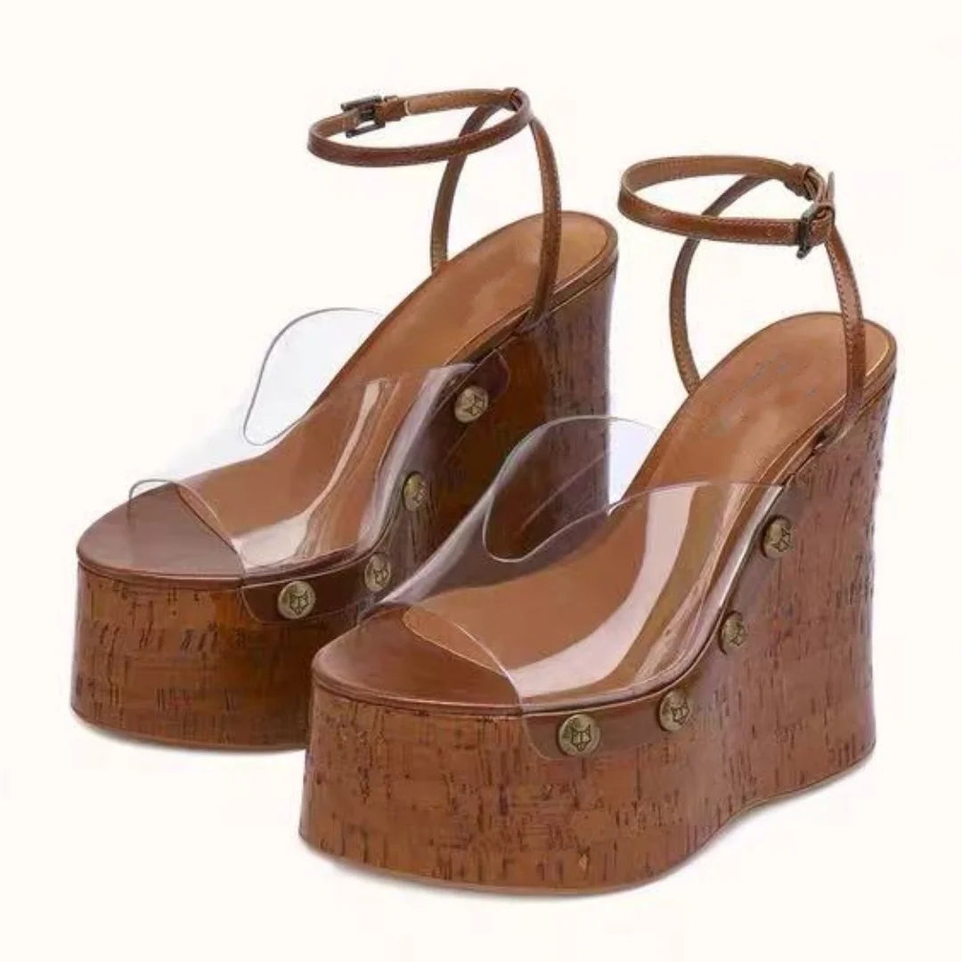 Highquality Wooden Patterned Wedge Heelwith Thicksole Andexposed Toebuckle Strap Sandals Forwomen's Banquets InEurope AndAmerica