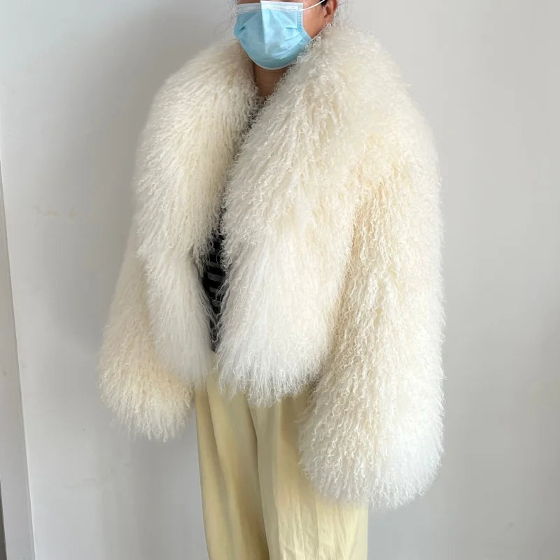 Beiziru Women's Dark Brown Mongolia Sheep Fur Jacket with Turndown Collar Stylish Warm Outerwear