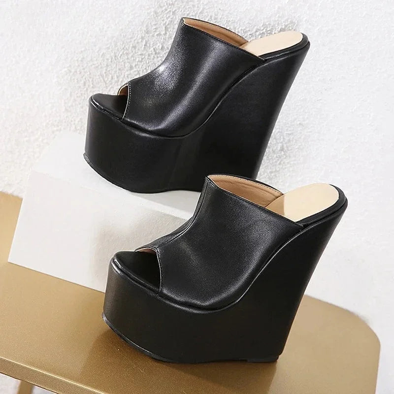 Aneikeh Summer Shallow Designer Fashion Peep Toe Platform Wedge Woman Slippers Shoes Super High Heels Sandals Size 35-42