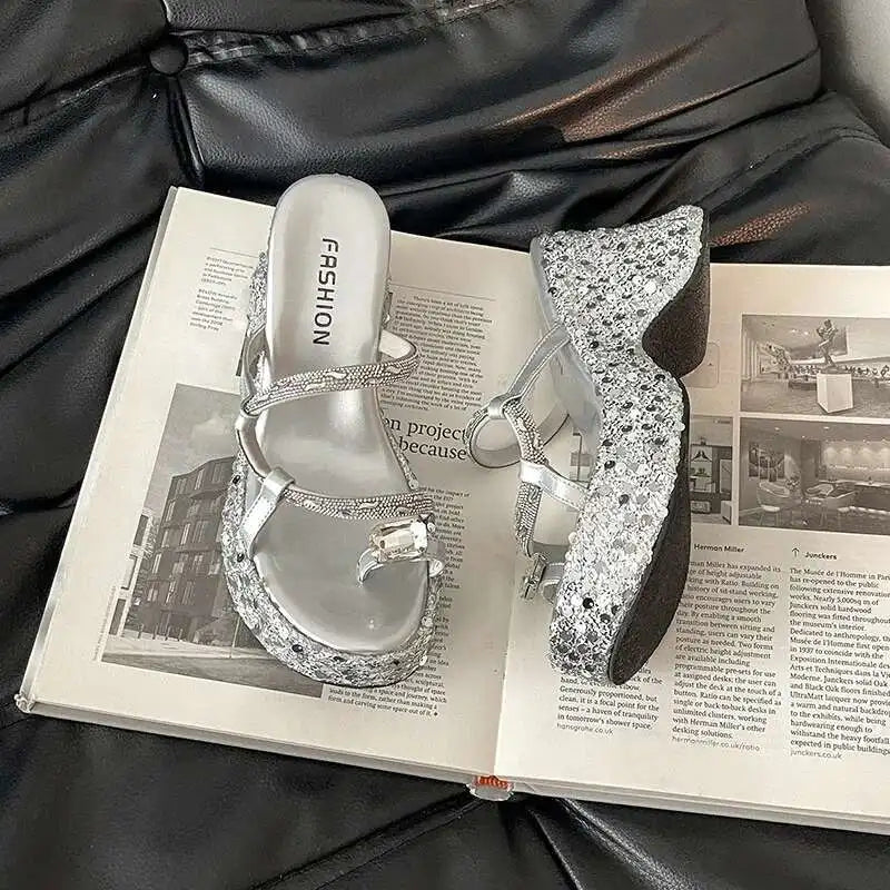 Women's Wedge Sandals Thick-soled Flip-flops Shiny Sequined Ladeis High Heels Rhinestone Home Outdoors Slippers