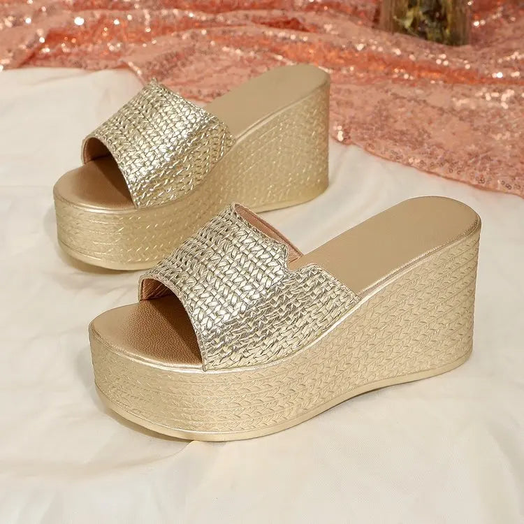 Hot Sale 9cm Wedge Heel Slippers for Women 2026 New Gold Black Woven Platform Slides Non-Slip Casual Beach Sandals Size 35-43