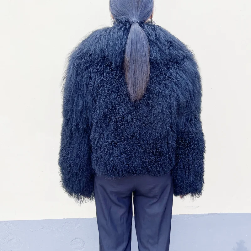 Beiziru Women's Dark Brown Mongolia Sheep Fur Jacket with Turndown Collar Stylish Warm Outerwear