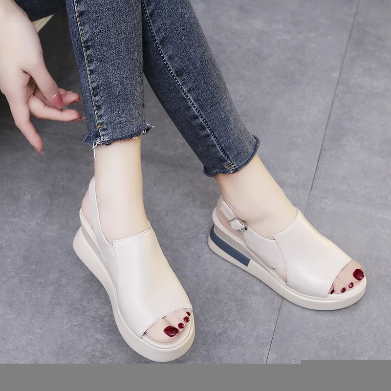 Summer Wedge Shoes for Women Sandals Solid Color Open Toe High Heels Casual Ladies Buckle Strap Fashion Female Sandalias Mujer
