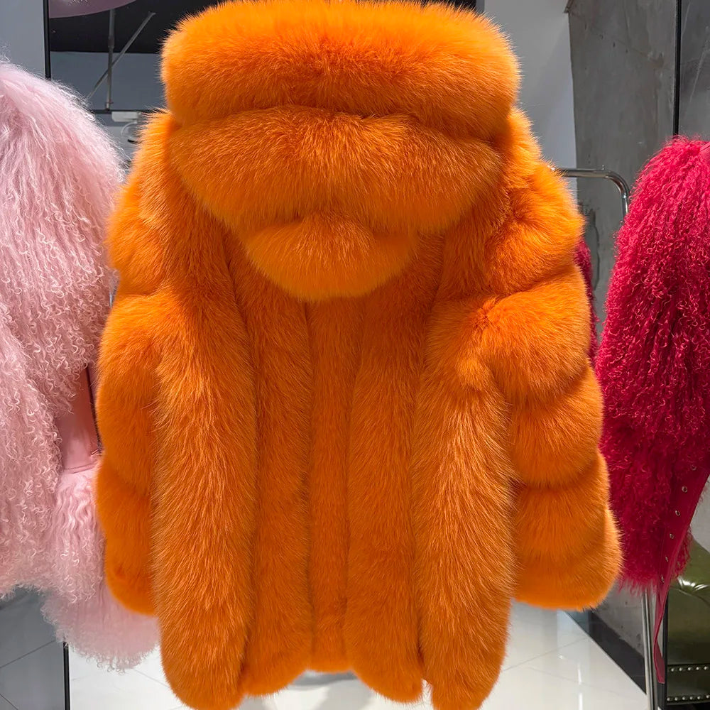 YOLOAgain Hooded Real Fox Fur Jacket Women 2025 Winter Warm Natural Fox Fur Coat Female