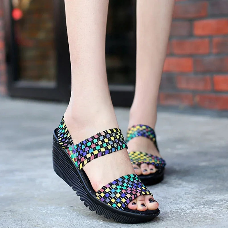 Wedge Platform Weave Sandals Fashion Peep Toe Comforty Breathable Mom Shoes Female Casual Thick Bottom Sandalias Mujer 2024