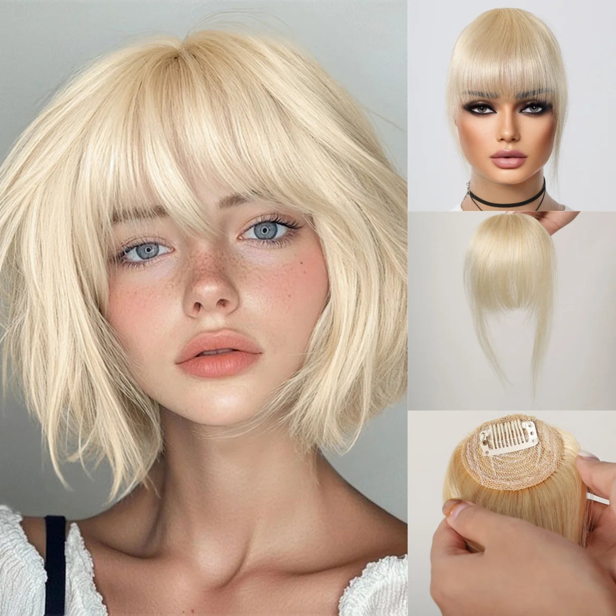 100% Human Hair Blonde Clip in Bangs Golden Platinum Blunt Cut Wispy Fringe with Sideburns for Women Natural Looking Hairpiece