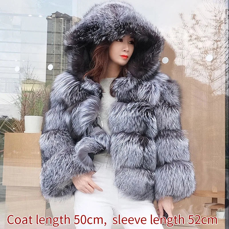 Winter Real Fur Women Raccoon Natural Fur Coat Silver Fox Long Vest Warm Luxury Jacket Parkas With Leather Fur Clothe For Female