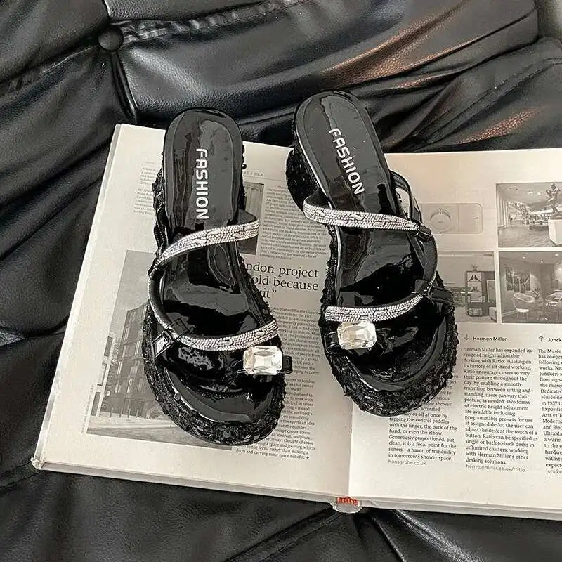Women's Wedge Sandals Thick-soled Flip-flops Shiny Sequined Ladeis High Heels Rhinestone Home Outdoors Slippers