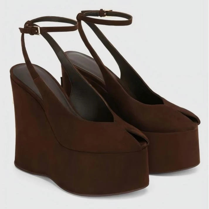 Highquality Wooden Patterned Wedge Heelwith Thicksole Andexposed Toebuckle Strap Sandals Forwomen's Banquets InEurope AndAmerica