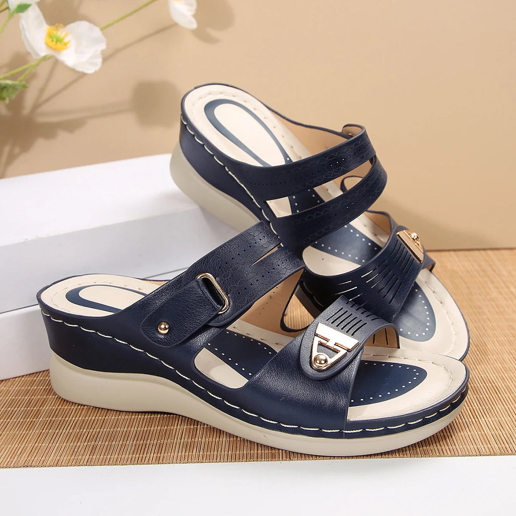Women's Wedge Sandals Perforated Design with Metal Buckle Accent Comfort Cushioned Insole Non-Slip Sole Summer Casual Daily Wear